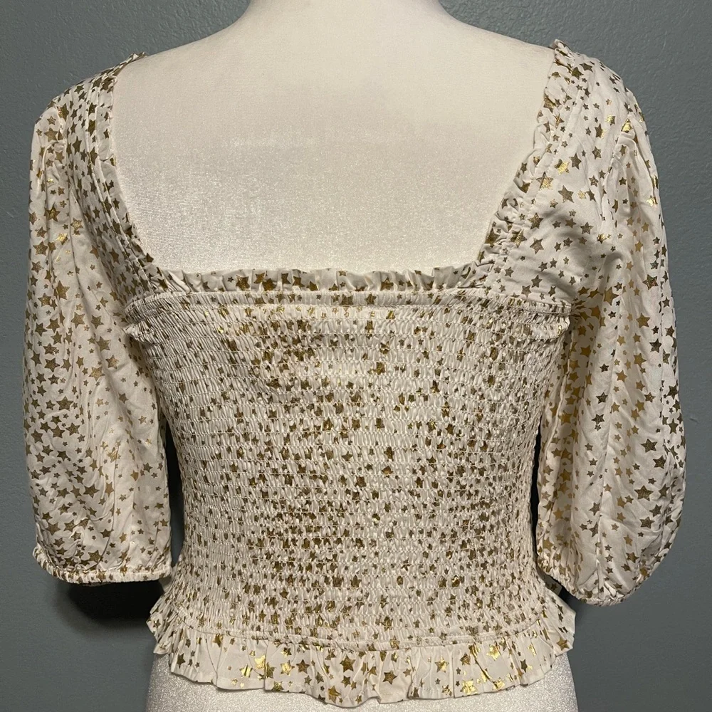 Emily McCarthy White Gold Metallic Stars Print Puff Sleeve Smocked Top Boho XS - Picture 3 of 8